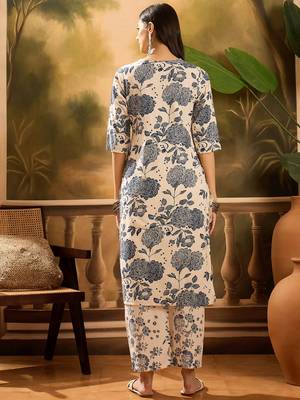 Women's cream & blue floral printed kurta with palazzo 3