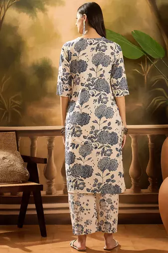 Women's cream & blue floral printed kurta with palazzo