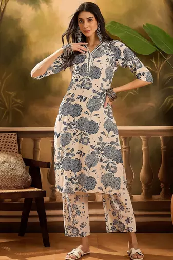 Women's cream & blue floral printed kurta with palazzo