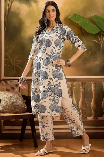 Women's cream & blue floral printed kurta with palazzo