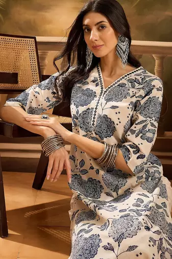 Women's cream & blue floral printed kurta with palazzo