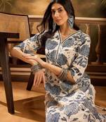 Women's cream & blue floral printed kurta with palazzo