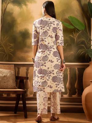 Women's cream & brown floral printed kurta with palazzo 3