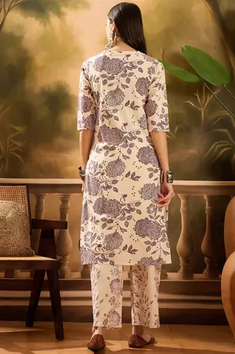 Women's cream & brown floral printed kurta with palazzo
