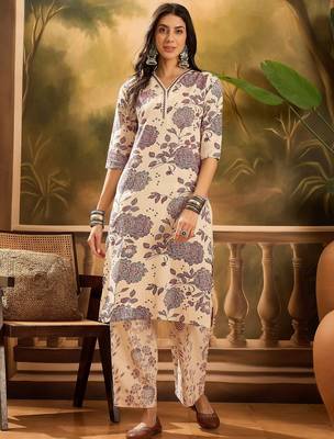 Women's cream & brown floral printed kurta with palazzo 1