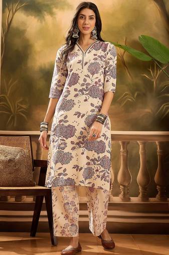 Women's cream & brown floral printed kurta with palazzo