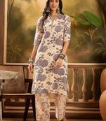 Women's cream & brown floral printed kurta with palazzo