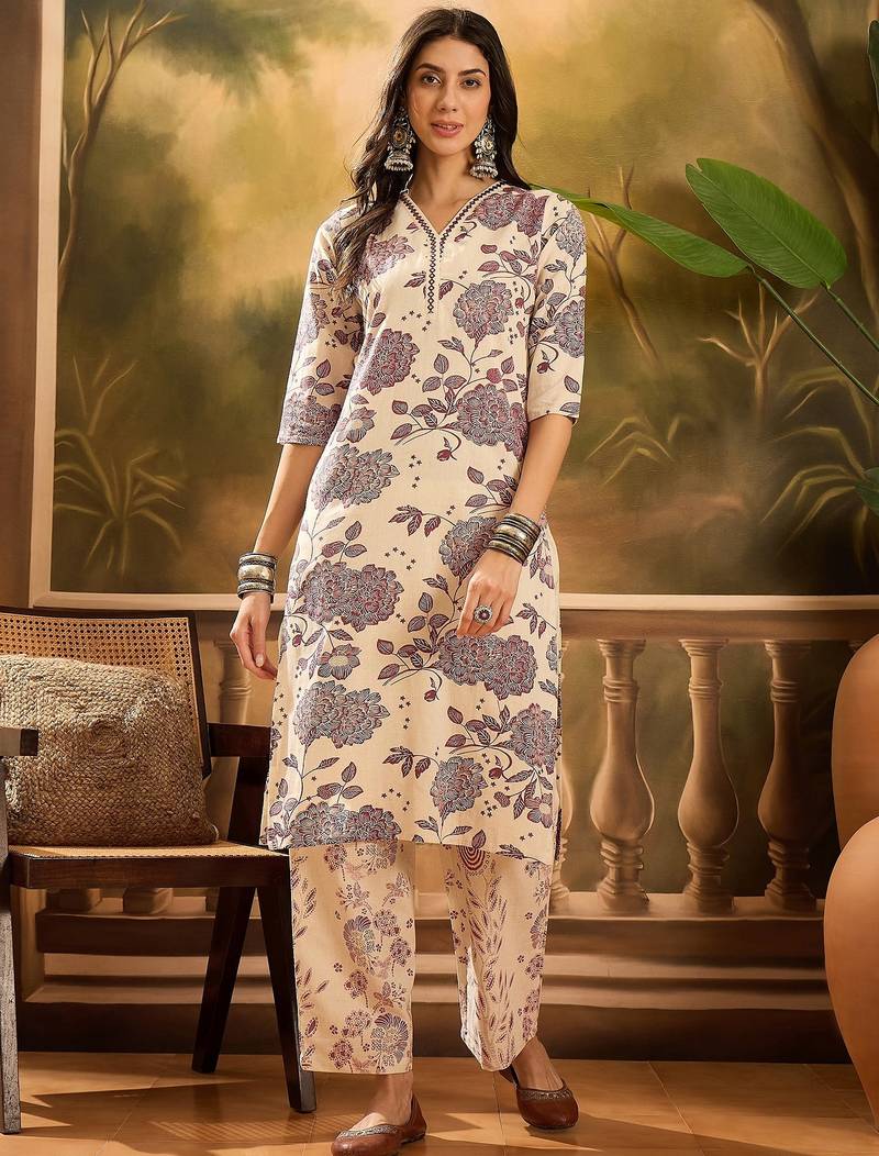 Women's cream & brown floral printed kurta with palazzo