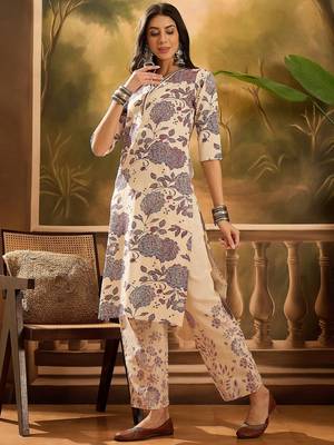 Women's cream & brown floral printed kurta with palazzo 4
