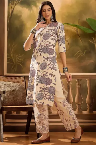 Women's cream & brown floral printed kurta with palazzo