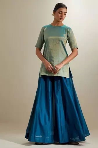 Blue plain silk sharara