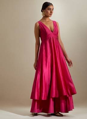 Hot pink plain chanderi kurta set 1