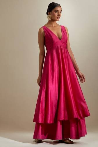 Hot pink plain chanderi kurta set