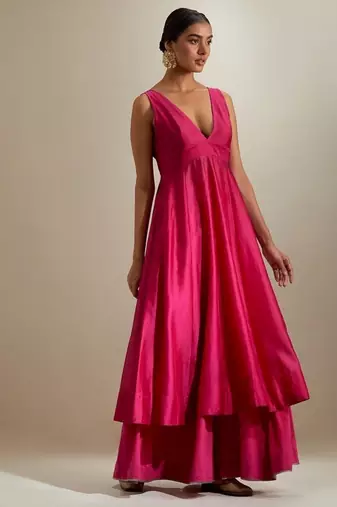 Hot pink plain chanderi kurta set