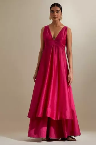 Hot pink plain chanderi kurta set