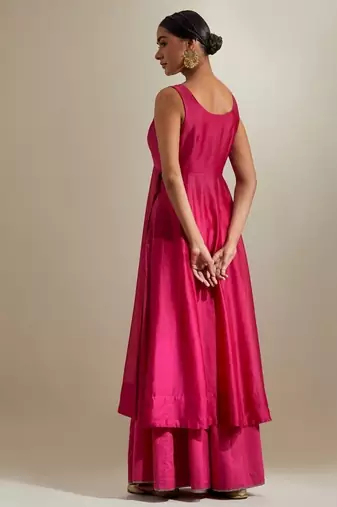 Hot pink plain chanderi kurta set