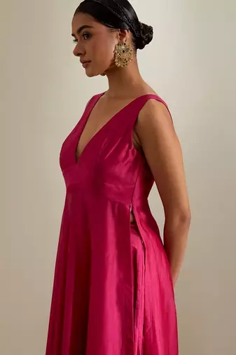 Hot pink plain chanderi kurta set