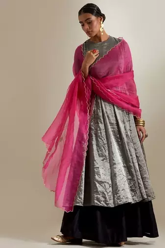 Silver plain silk anarkali