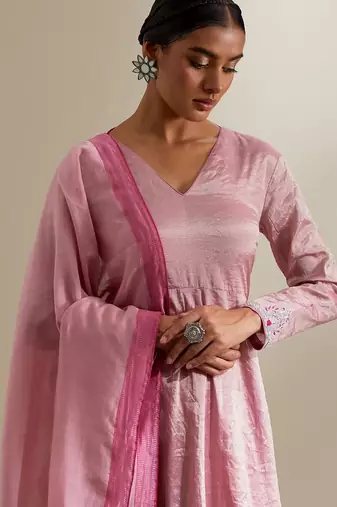 Pink plain chanderi anarkali