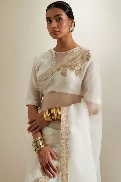 White embroidered chanderi saree
