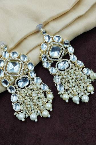 Aarnaa kundan pearl & white beads chandbali earrings wear jewellery for women
