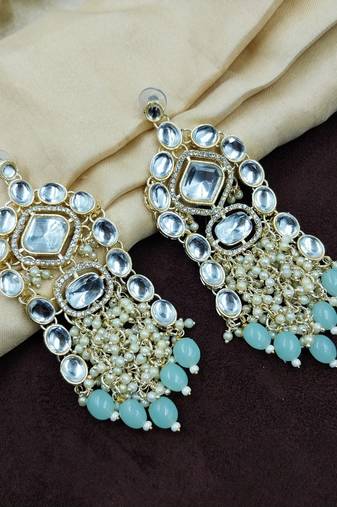 Aarnaa kundan pearl & mint beads chandbali earrings jewellery for women