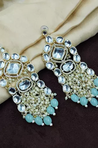 Aarnaa kundan pearl & mint beads chandbali earrings jewellery for women