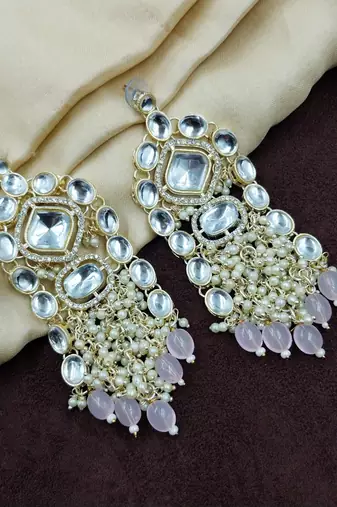 Aarnaa kundan pearl & pink beads chandbali earrings jewellery for women