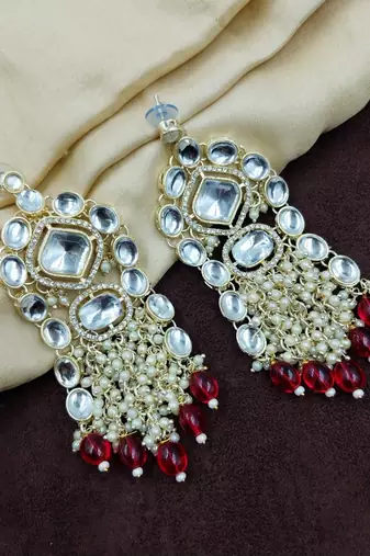 Aarnaa kundan pearl & red beads chandbali earrings jewellery for women