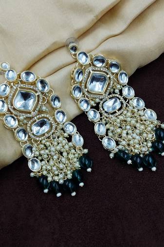 Aarnaa kundan pearl & green beads chandbali earrings wear jewellery for women
