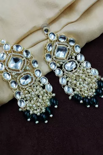 Aarnaa kundan pearl & green beads chandbali earrings wear jewellery for women