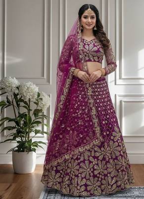Wine Designer Sequin Embroidered Net Lehenga Choli with Dupatta  Party Wear / Wedding Wear 1