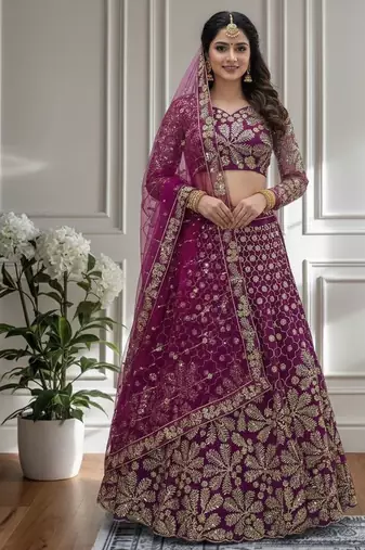 Wine Designer Sequin Embroidered Net Lehenga Choli with Dupatta     Party Wear / Wedding Wear