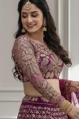 Wine Designer Sequin Embroidered Net Lehenga Choli with Dupatta   Party Wear / Wedding Wear