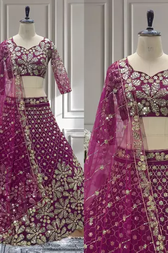 Wine Designer Sequin Embroidered Net Lehenga Choli with Dupatta   Party Wear / Wedding Wear