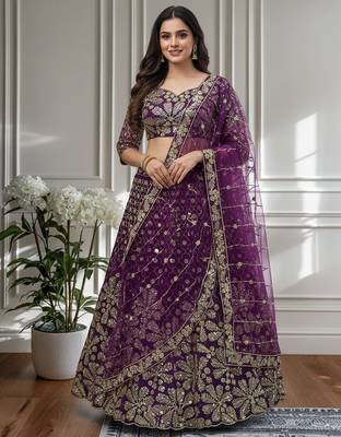 Purple Designer Sequin Embroidered Net Lehenga Choli with Dupatta  Party Wear / Wedding Wear 1