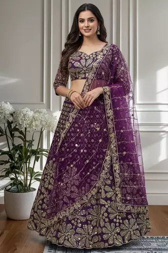 Purple Designer Sequin Embroidered Net Lehenga Choli with Dupatta     Party Wear / Wedding Wear