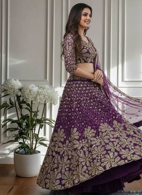 Purple Designer Sequin Embroidered Net Lehenga Choli with Dupatta  Party Wear / Wedding Wear 2