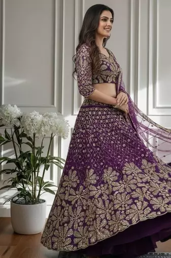 Purple Designer Sequin Embroidered Net Lehenga Choli with Dupatta   Party Wear / Wedding Wear