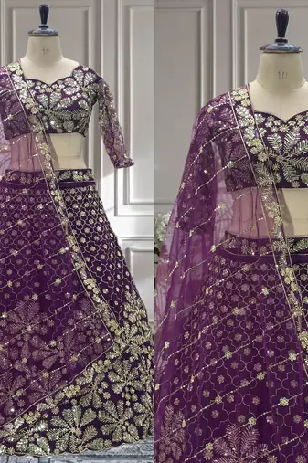 Purple Designer Sequin Embroidered Net Lehenga Choli with Dupatta   Party Wear / Wedding Wear