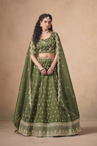 Green Designer Sequin Embroidered Organza Lehenga Choli with Dupatta     Party Wear / Wedding Wear