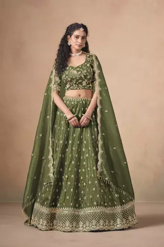 Green Designer Sequin Embroidered Organza Lehenga Choli with Dupatta     Party Wear / Wedding Wear
