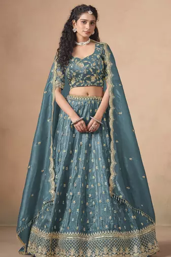 Teal Designer Sequin Embroidered Organza Lehenga Choli with Dupatta     Party Wear / Wedding Wear