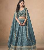 Teal Designer Sequin Embroidered Organza Lehenga Choli with Dupatta   Party Wear / Wedding Wear