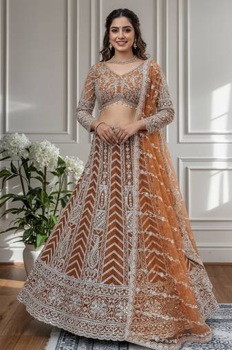 RUST Designer Sequin Embroidered Net Lehenga Choli with Dupatta     Party Wear / Wedding Wear