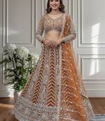 RUST Designer Sequin Embroidered Net Lehenga Choli with Dupatta   Party Wear / Wedding Wear