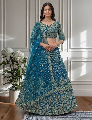 Teal Designer Sequin Embroidered Net Lehenga Choli with Dupatta  Party Wear / Wedding Wear 1