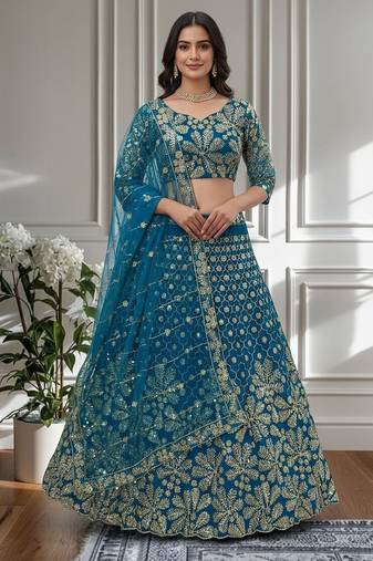 Teal Designer Sequin Embroidered Net Lehenga Choli with Dupatta     Party Wear / Wedding Wear