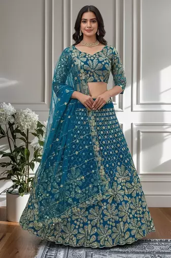 Teal Designer Sequin Embroidered Net Lehenga Choli with Dupatta     Party Wear / Wedding Wear