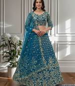 Teal Designer Sequin Embroidered Net Lehenga Choli with Dupatta   Party Wear / Wedding Wear